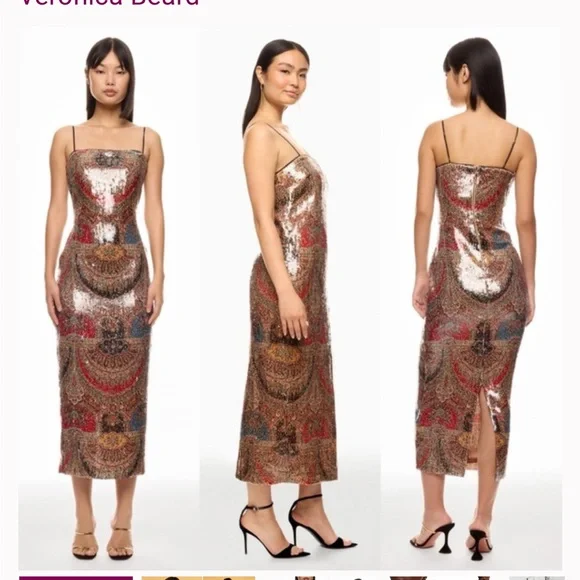 Veronica Beard Gold and Red Sequin Midi Dress - Picture 3 of 6